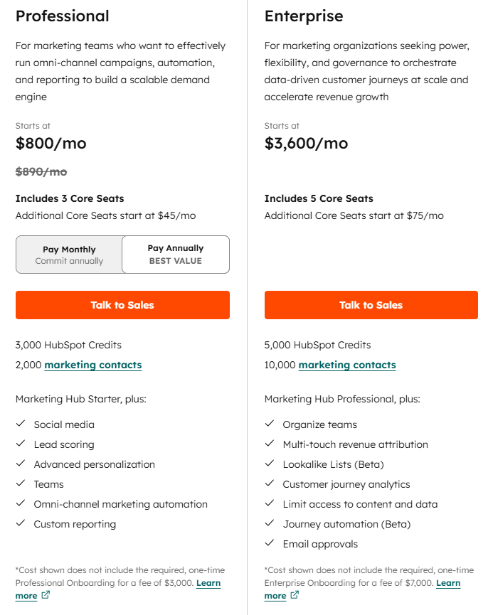 HubSpot Marketing Hub Pricing Plans