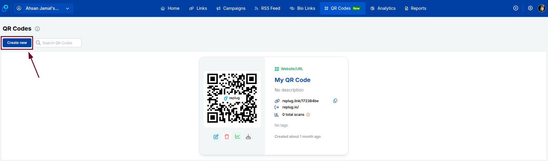 Create new QR code button inside Replug dashboard