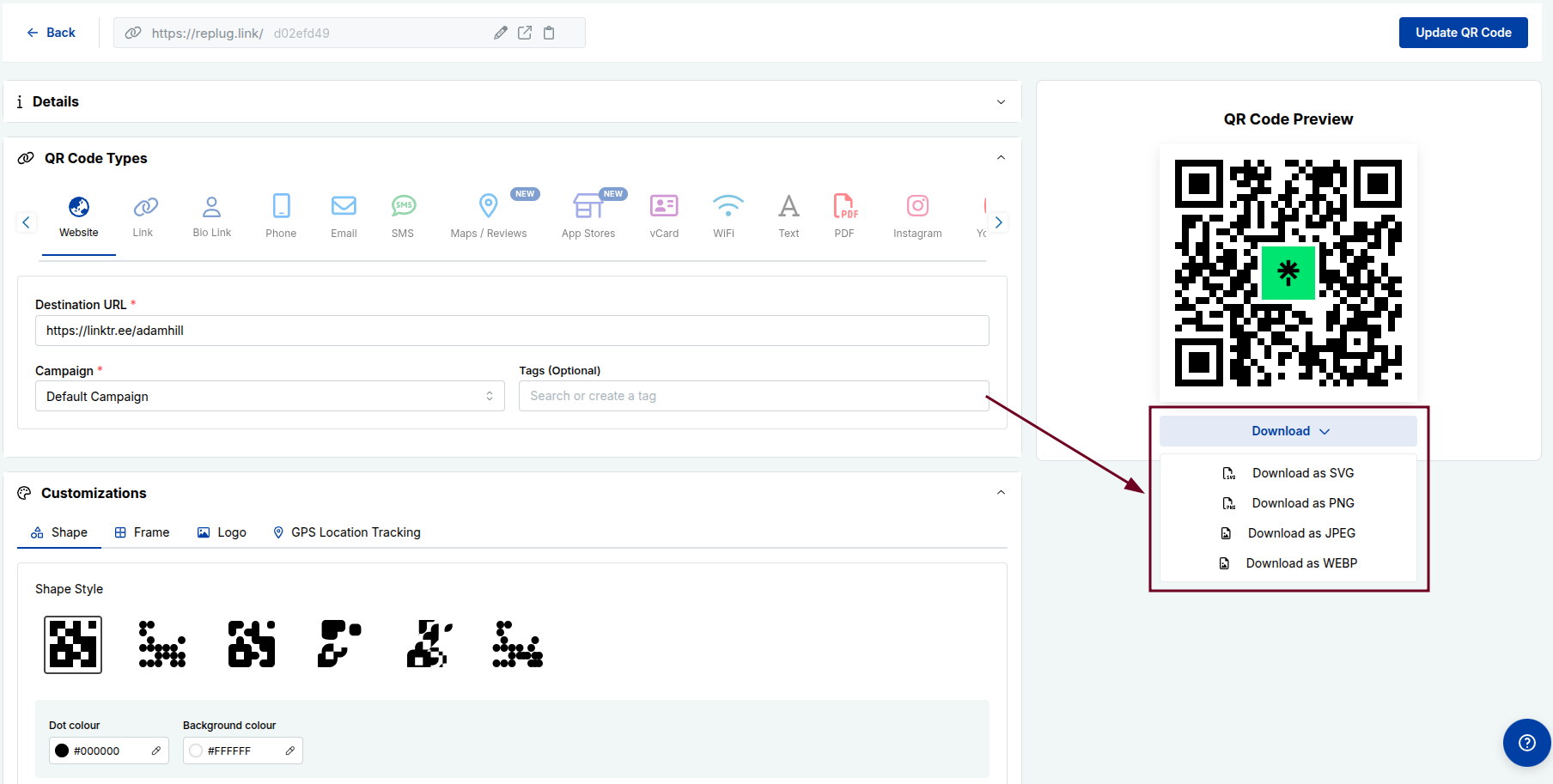 Download the QR code in desired format