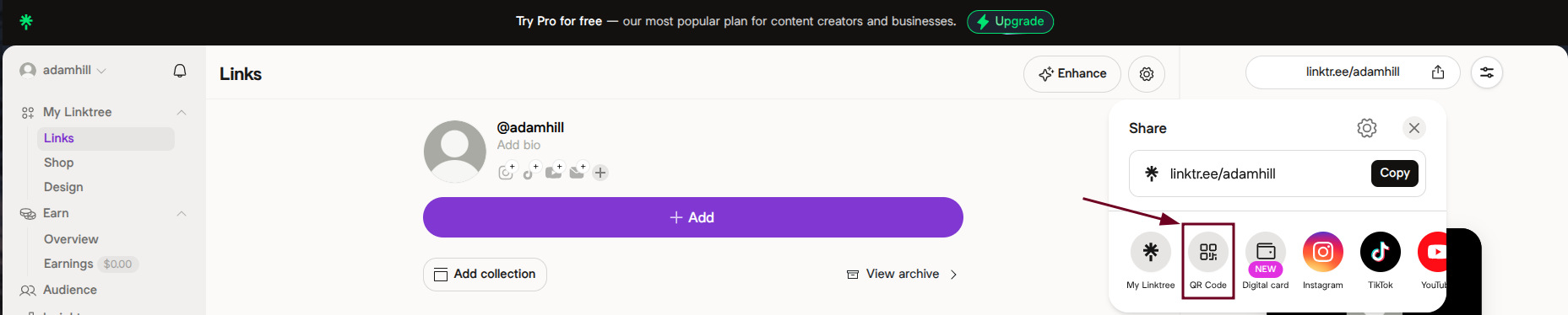 QR Code option under Share on Linktree dashboard