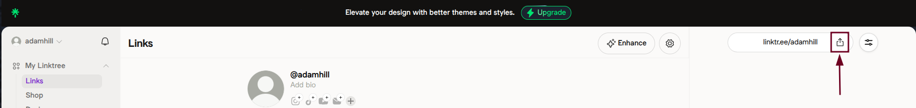 Share icon on Linktree dashboard