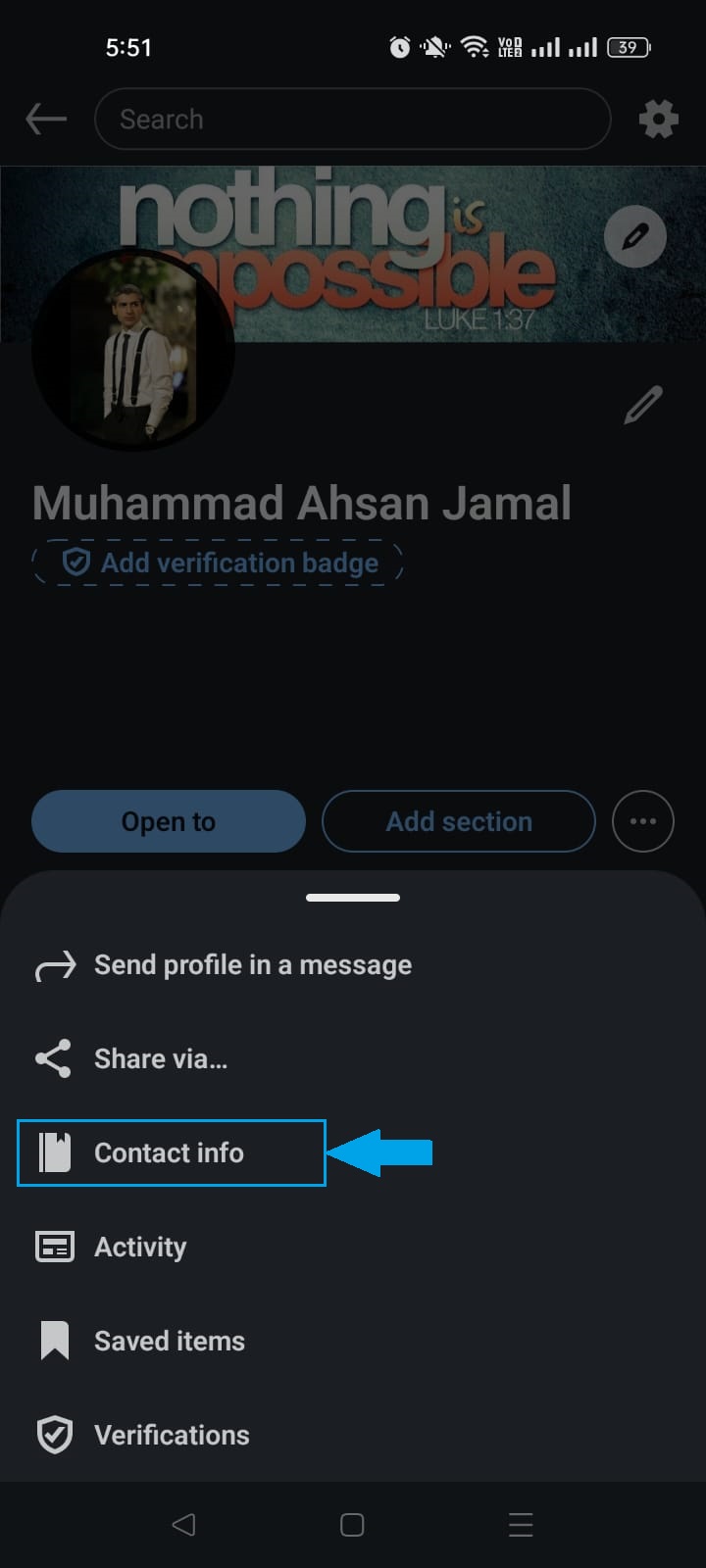 Contact info option in LinkedIn app