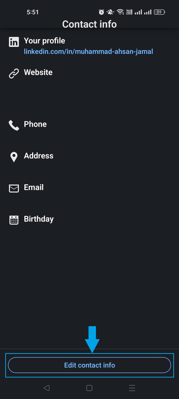 Edit contact info button in LinkedIn app