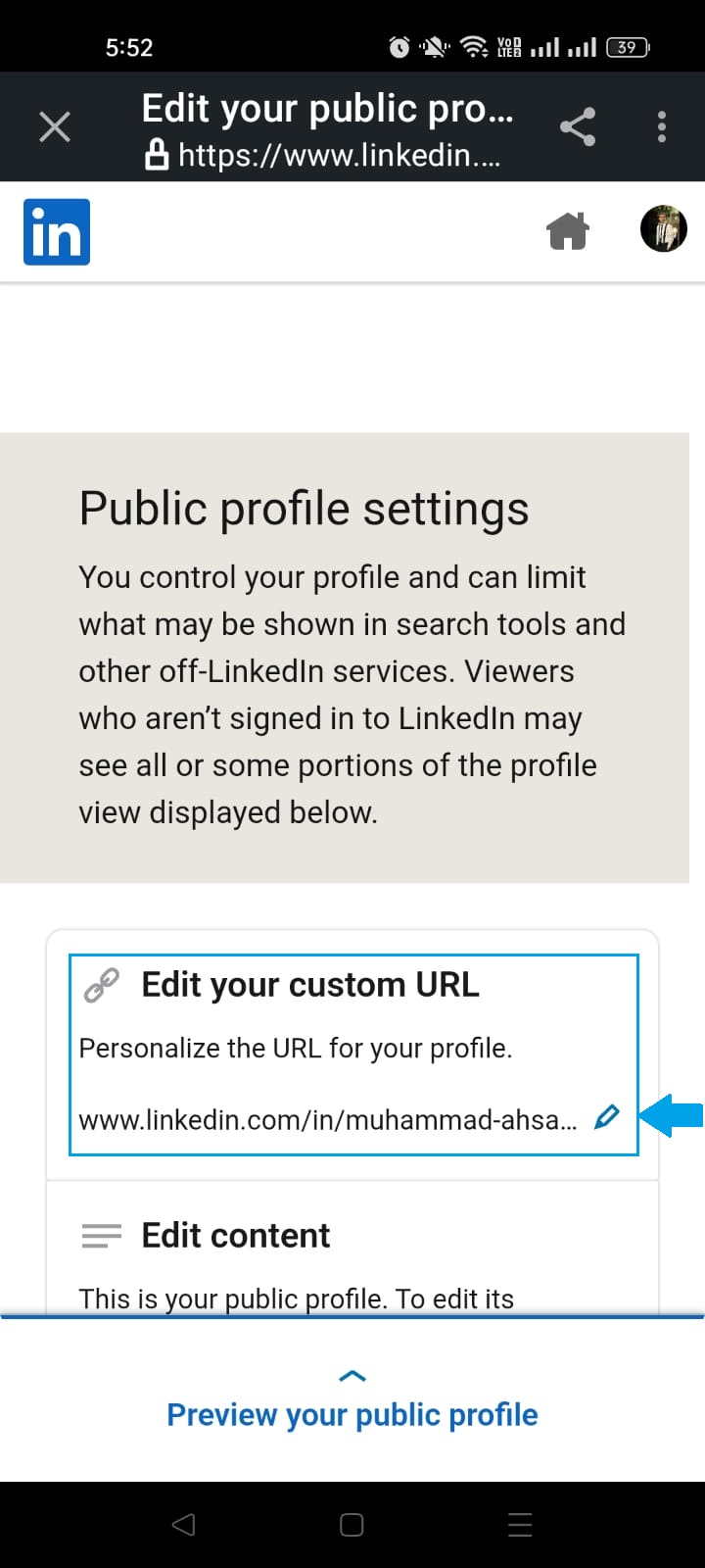Edit your custom URL option in LinkedIn app