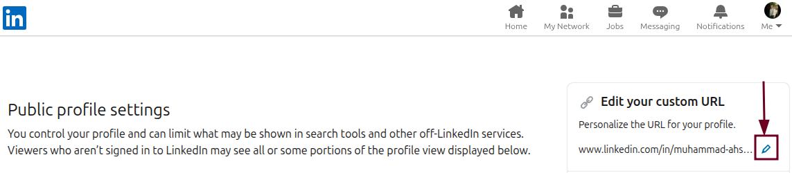Edit your custom URL (pencil) icon in LinkedIn web app