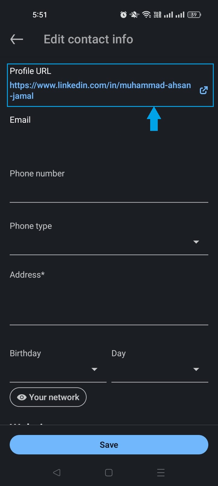 Profile URL option in LinkedIn app