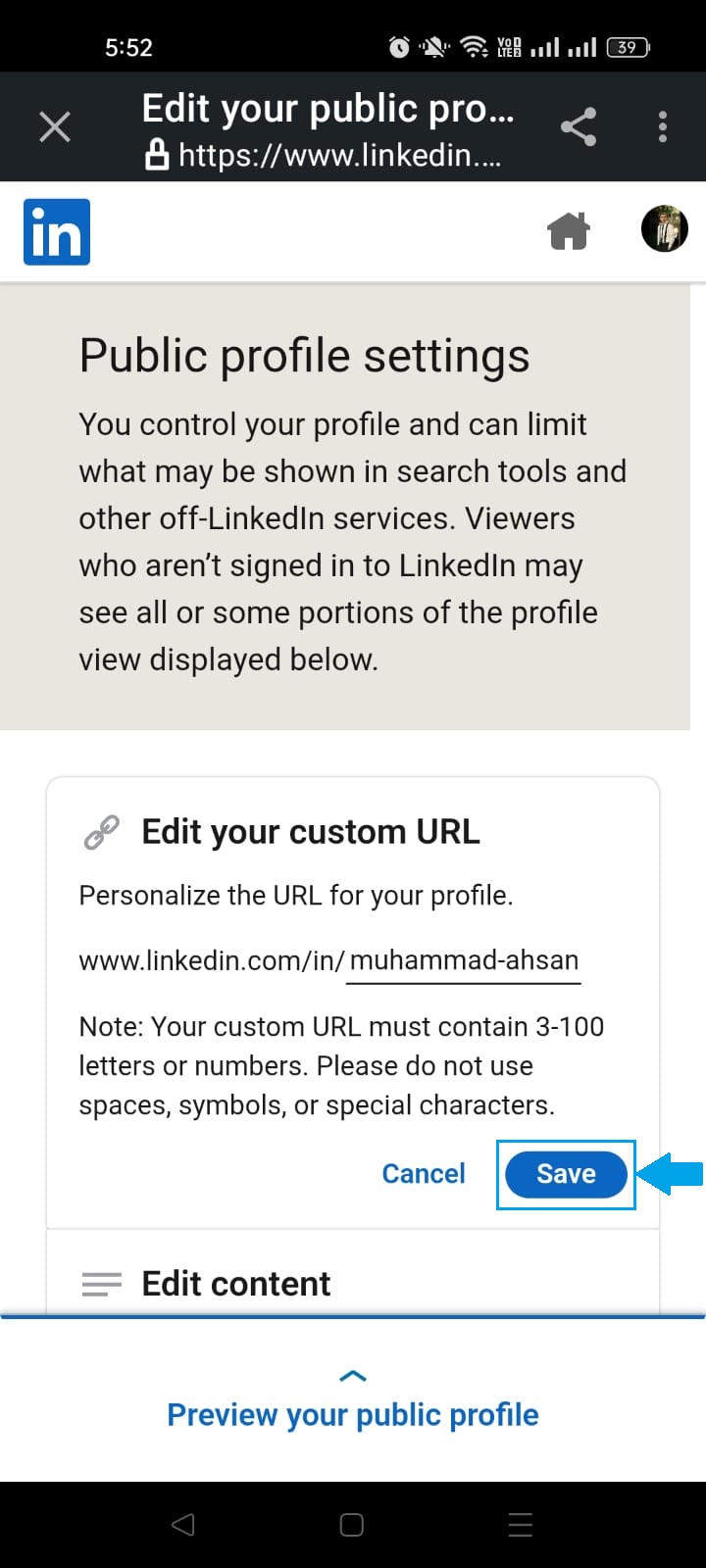Save the custom URL in LinkedIn app