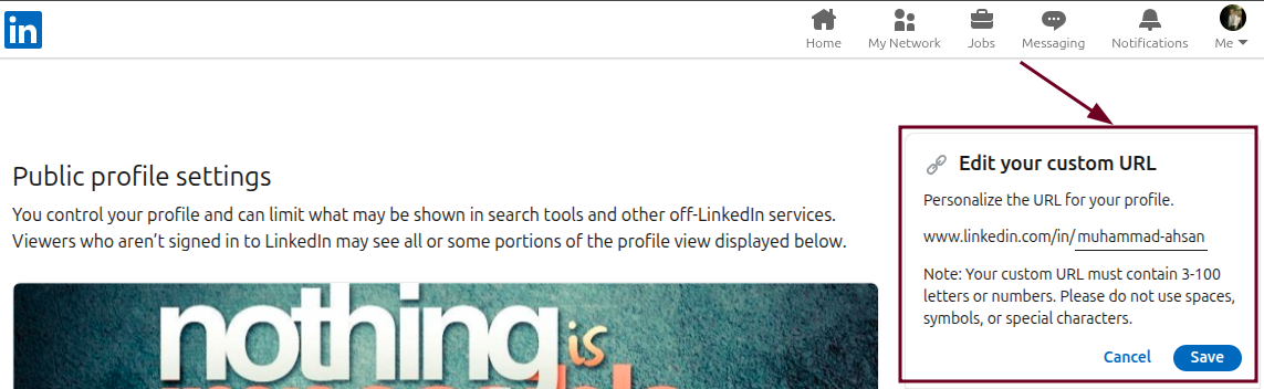 Type the new desired URL in LinkedIn web app