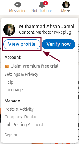 View profile option in LinkedIn web app