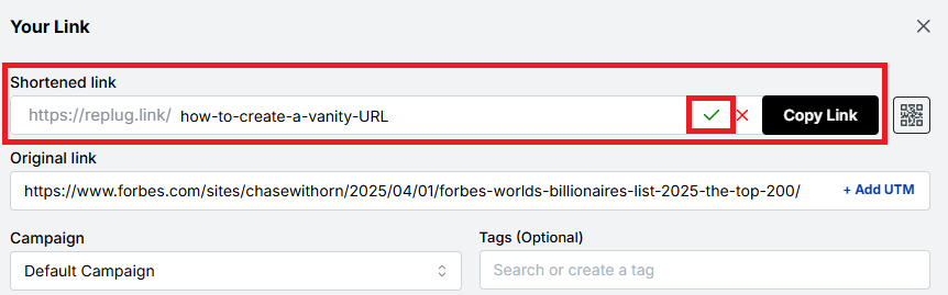 Customize the shortened link slug option - Replug