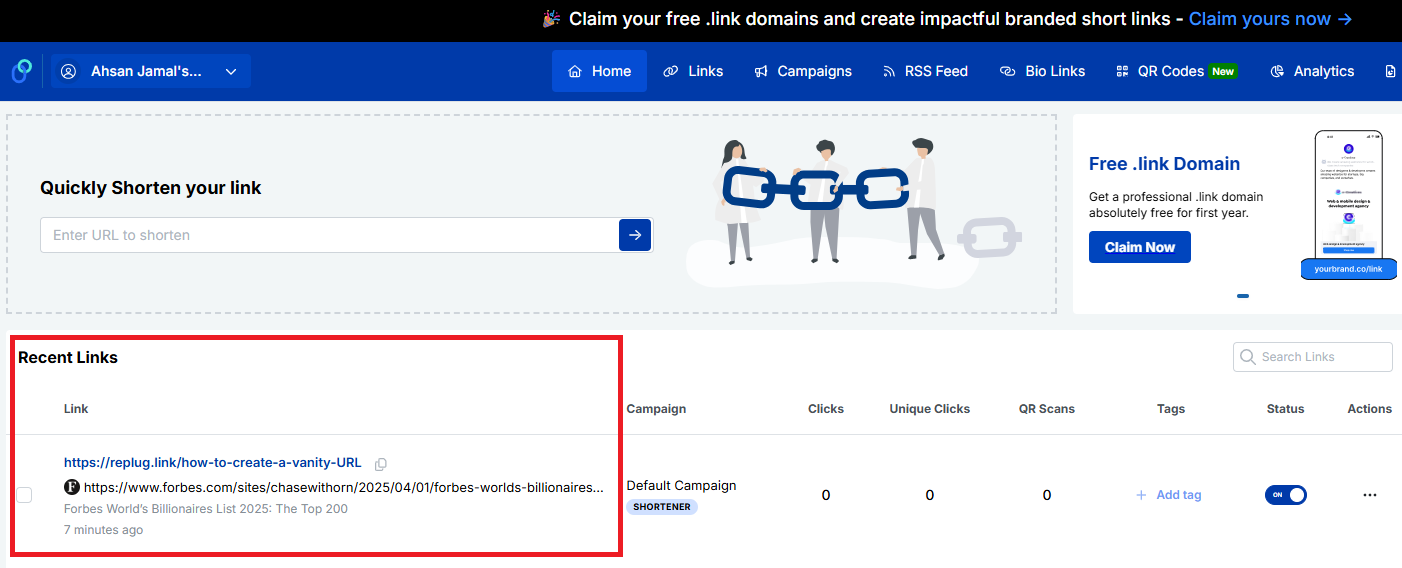 Recent links section - Replug