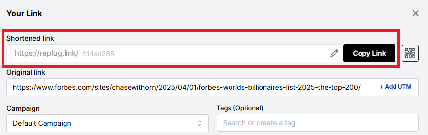 Shortened link option - Replug
