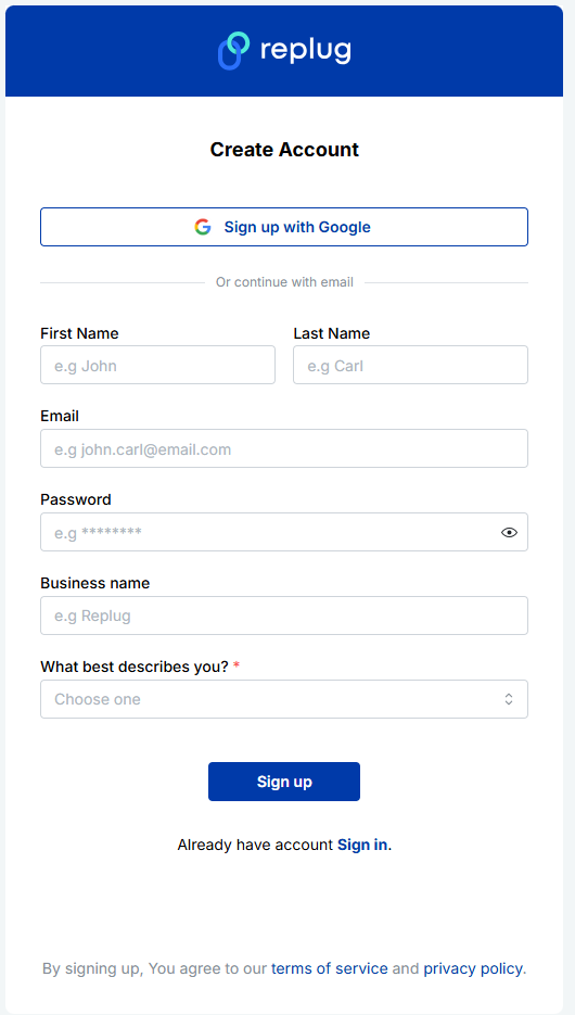 Sign up form - Replug