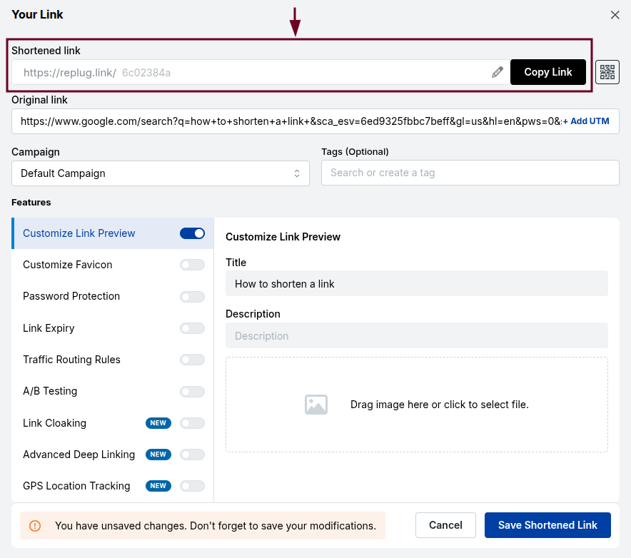 Get the shortened link with Replug