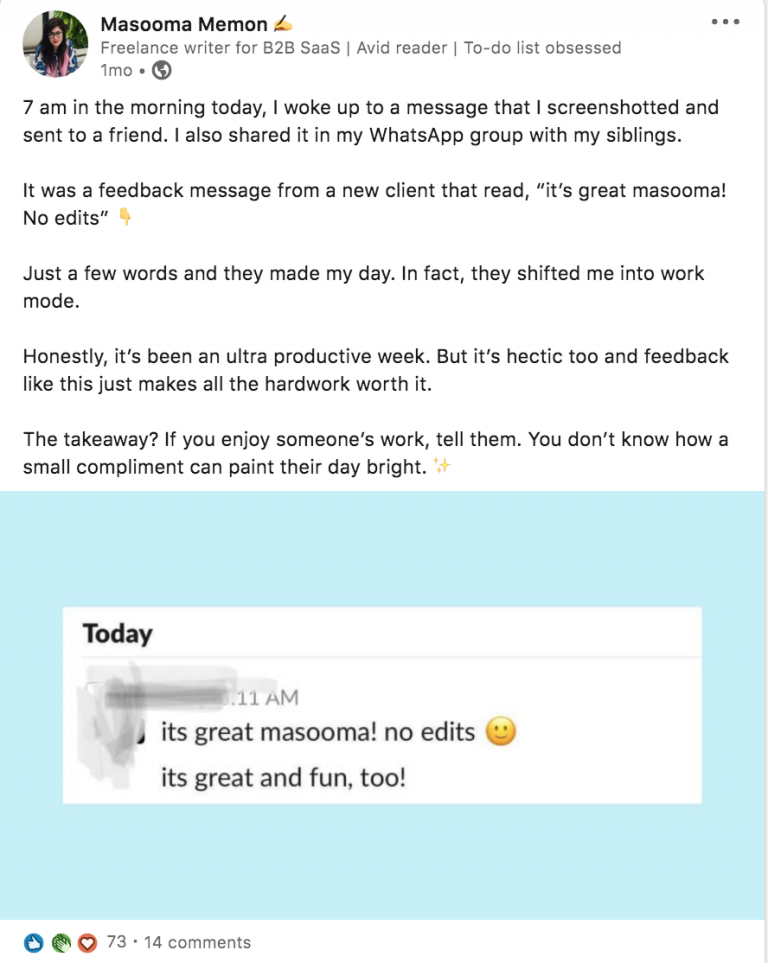 well formatted linkedin post by an experience saas marketer