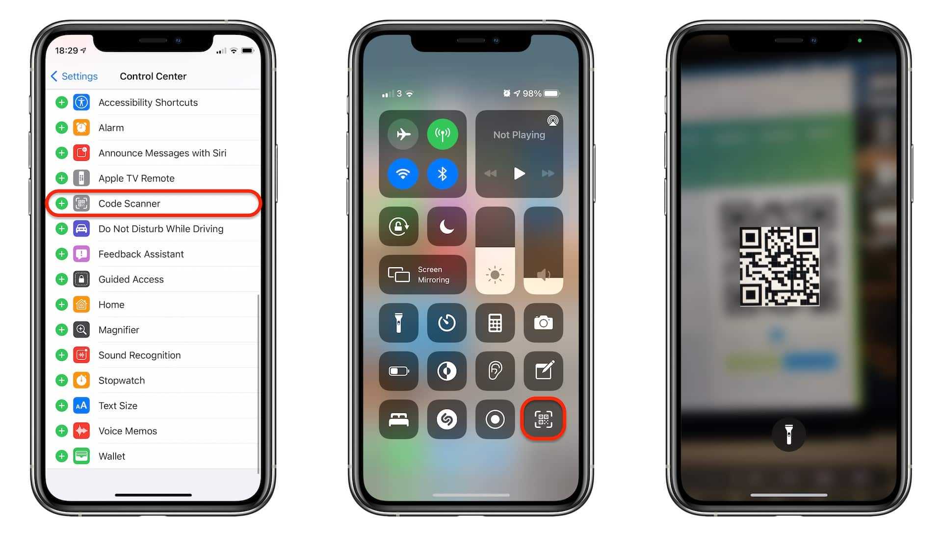 Code scanner in the control center on iPhone