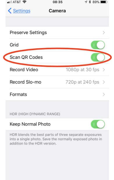 Scan QR Codes option on iPhone
