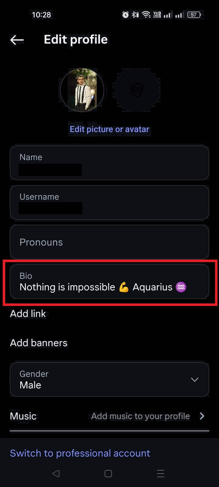 Bio box on Instagram app