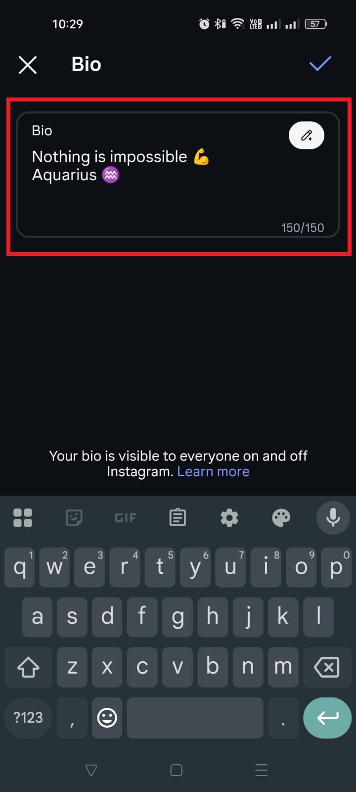 Bio field on Instagram app