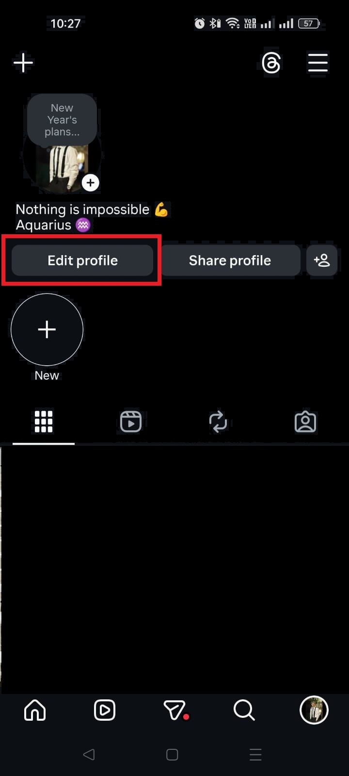 Edit profile button on Instagram app