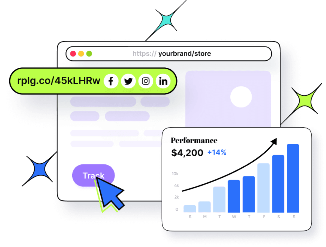 Boost ROI with branded URLs - Replug dashboard showing performance metrics and branded URL creation