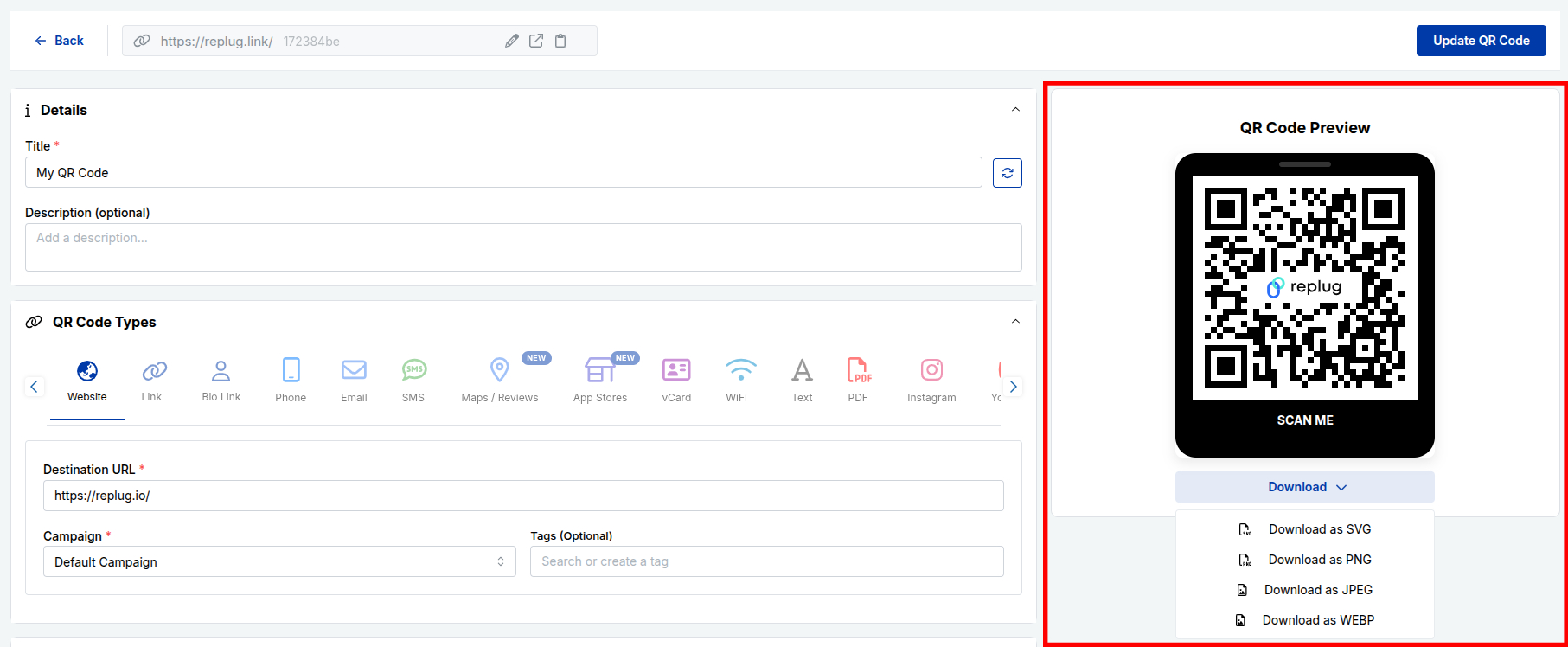 Download QR Code in desired format