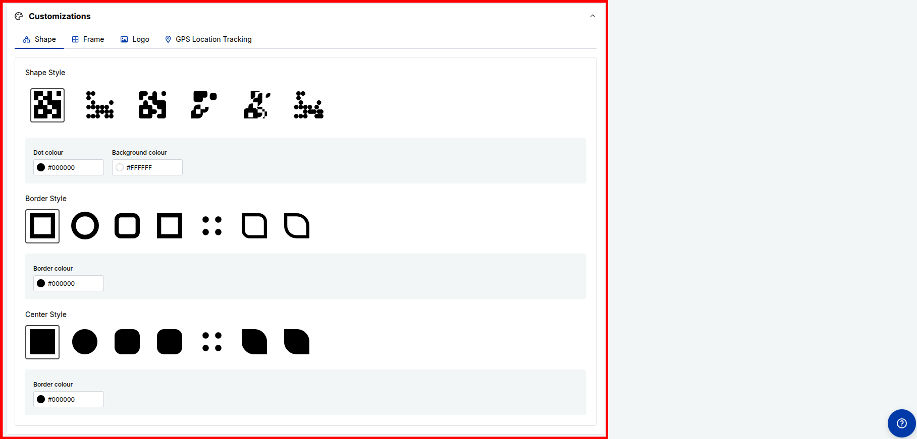 QR Code customization options