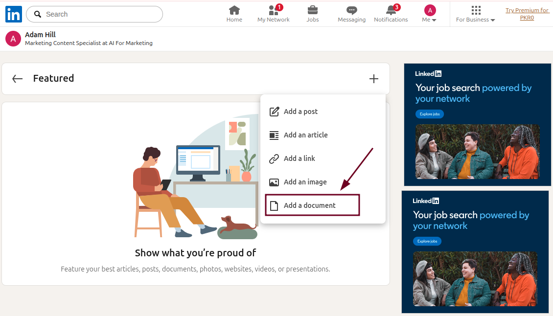 Add a document option under Featured section on LinkedIn