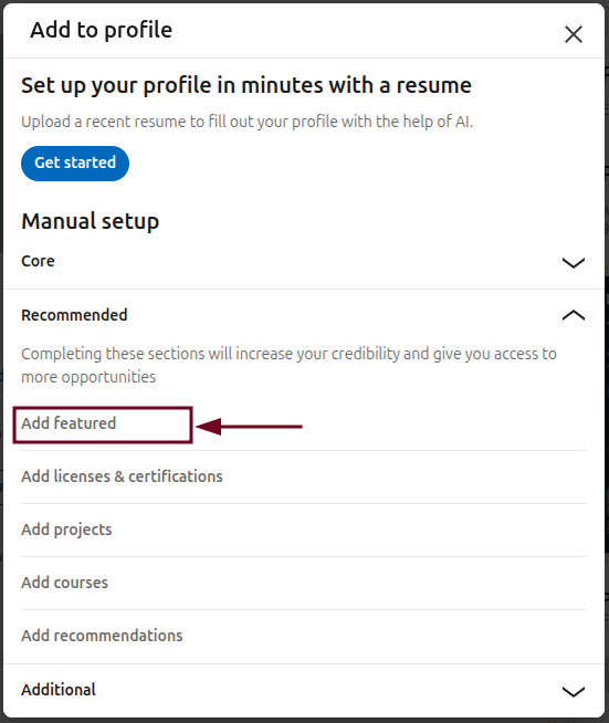Add featured option under Add to profile section on LinkedIn
