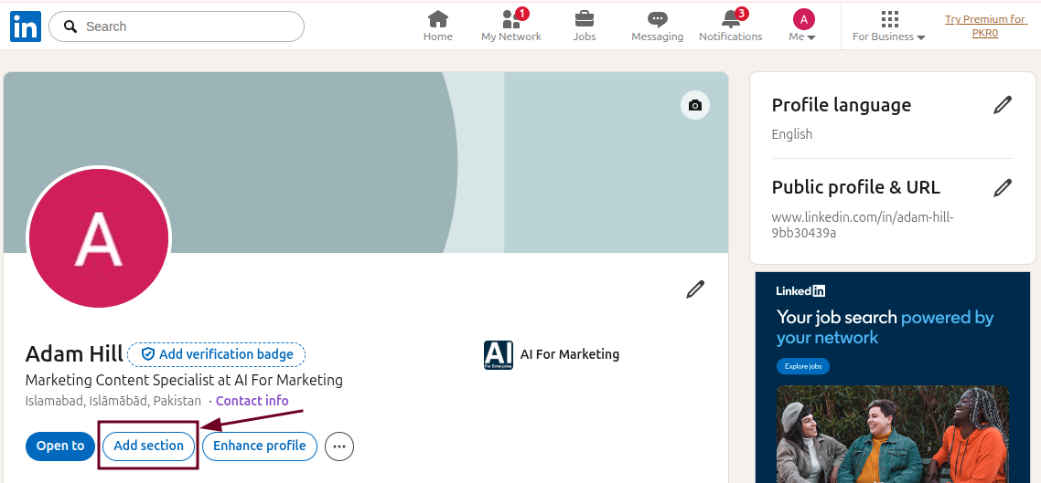 Add section option in LinkedIn profile section