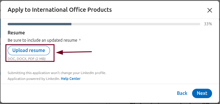 Apply to a job Upload resume button on LinkedIn