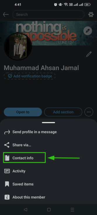 Contact info option inside LinkedIn app