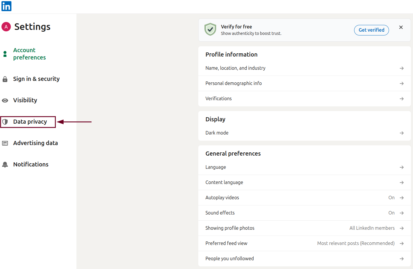 Data privacy option in LinkedIn