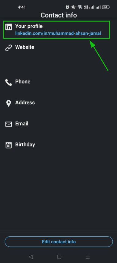 Get your LinkedIn URL under “Your profile” inside LinkedIn app