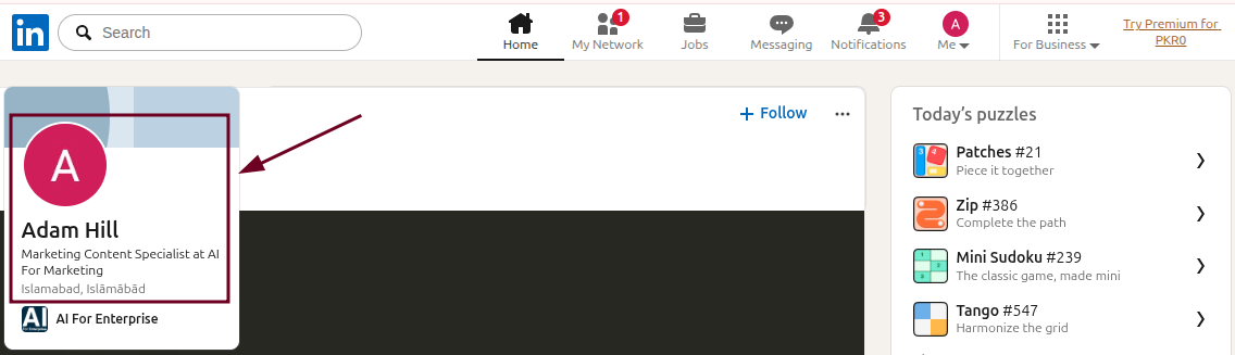 Go to your LinkedIn profile page