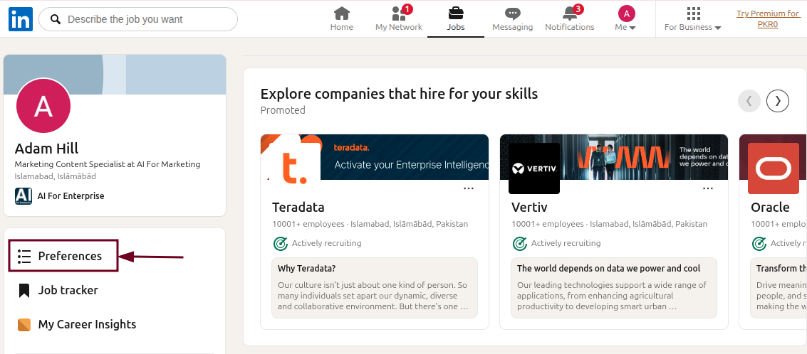 LinkedIn profile Preferences option