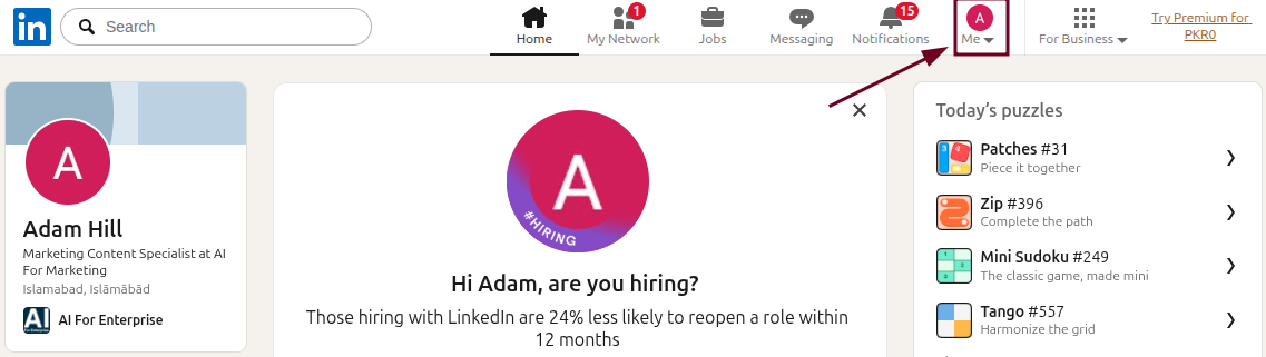 Me icon on the LinkedIn profile homepage