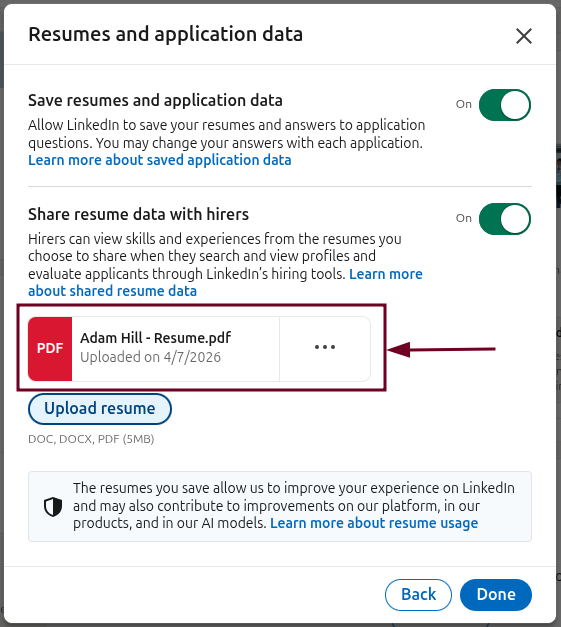 PDF resume uploaded on LinkedIn