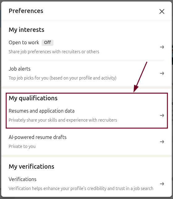 Resumes and application data option in LinkedIn