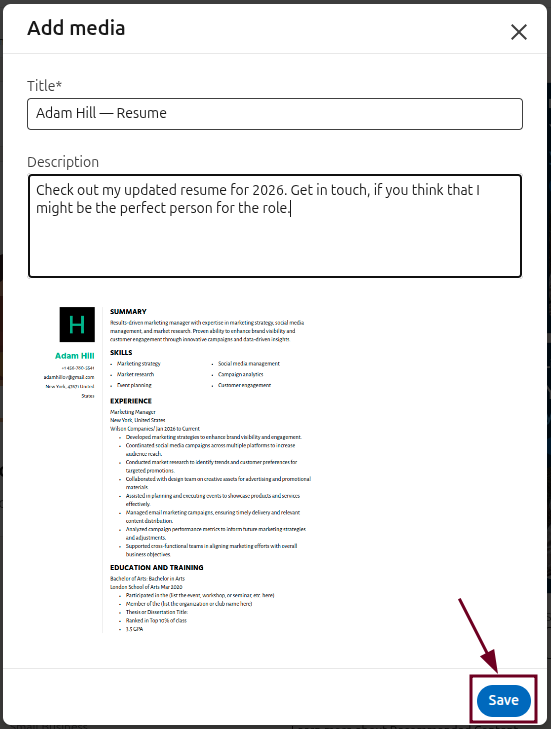 Save button under Add media section on LinkedIn