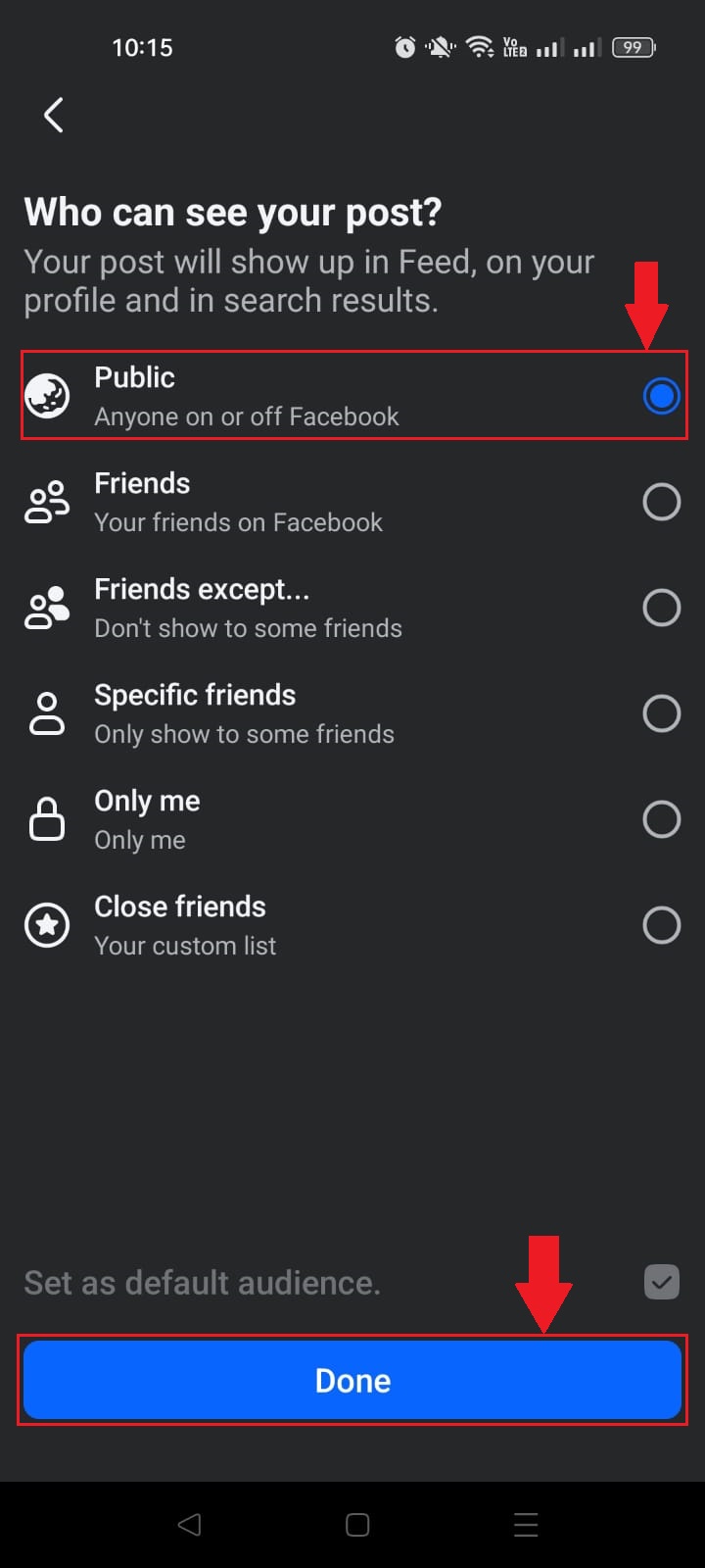 Set post audience to Public in Facebook app