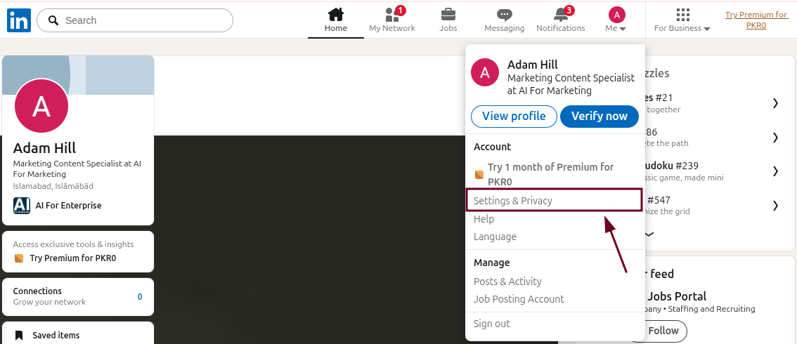 Settings & Privacy option in LinkedIn