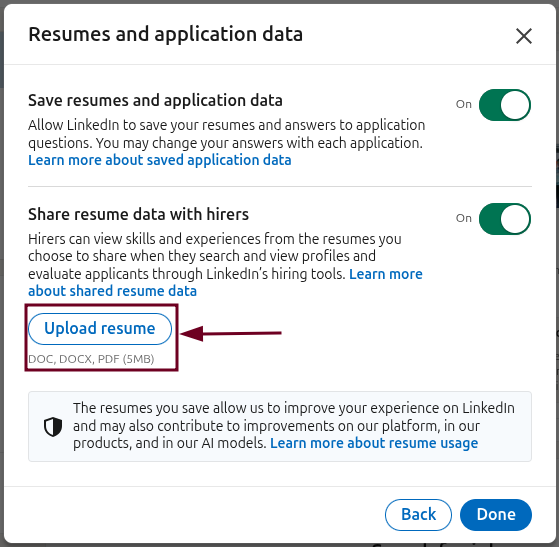 Upload resume button in LinkedIn