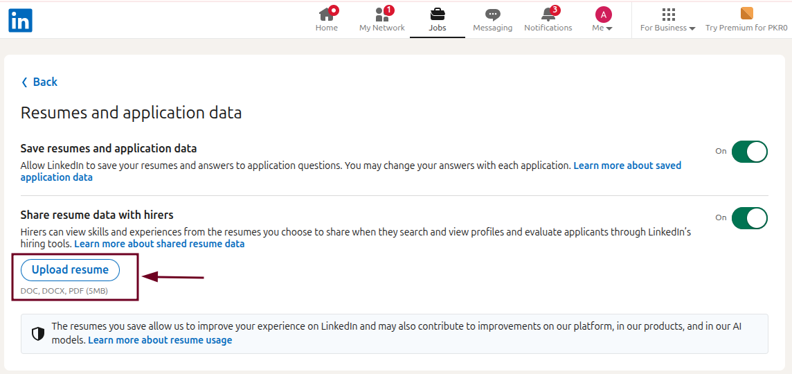 Upload resume button under Resumes and application data in LinkedIn