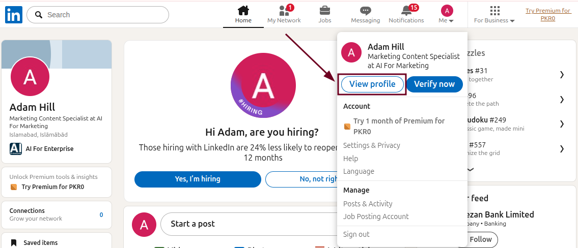 View profile option on the LinkedIn web app