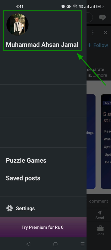 View profile (or your name) on LinkedIn app