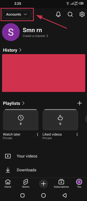 Accounts button inside YouTube app