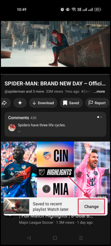 Change the destination of a saved video inside the YouTube app