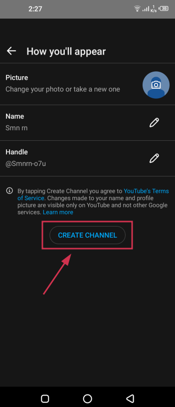 Create Channel button inside the YouTube app