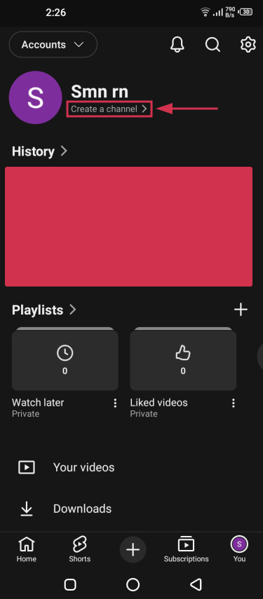 Create a channel option inside the YouTube app